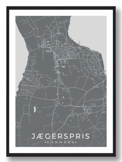 Jægerpris bykort i stilrent plakat design. Denne Jægerpris byplakat er med grå baggrund og viser Jægerpris kortet fra sin smukkeste side
