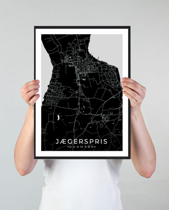 Jægerpris bykort i stilrent plakat design. Denne Jægerpris byplakat er med sort baggrund og viser Jægerpris kortet fra sin smukkeste side
