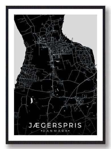 Jægerpris bykort i stilrent plakat design. Denne Jægerpris byplakat er med sort baggrund og viser Jægerpris kortet fra sin smukkeste side