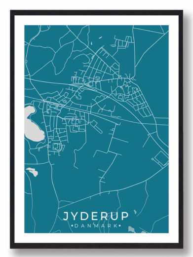 Jyderup bykort i stilrent plakat design. Denne Jyderup byplakat er med blå baggrund og viser Jyderup kortet fra sin smukkeste side