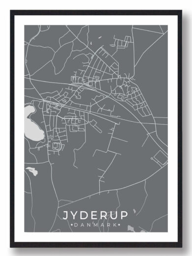 Jyderup bykort i stilrent plakat design. Denne Jyderup byplakat er med grå baggrund og viser Jyderup kortet fra sin smukkeste side