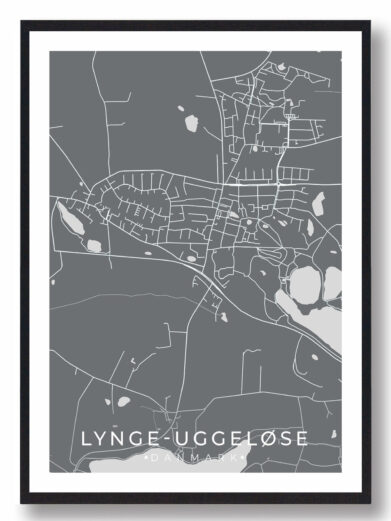 Lynge-Uggeløse bykort i stilrent plakat design. Denne Lynge-Uggeløse byplakat er med grå baggrund og viser Lynge-Uggeløse kortet fra sin smukkeste side