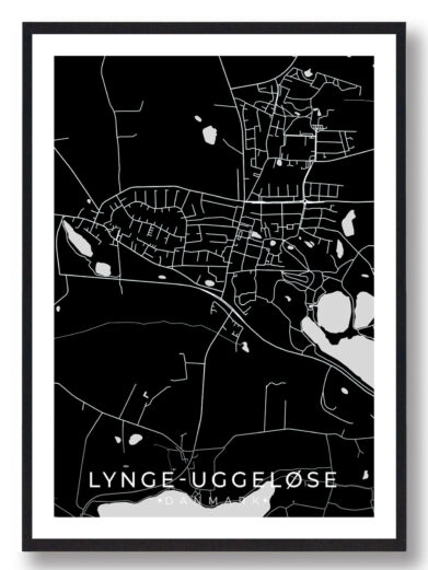Lynge-Uggeløse bykort i stilrent plakat design. Denne Lynge-Uggeløse byplakat er med sort baggrund og viser Lynge-Uggeløse kortet fra sin smukkeste side