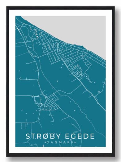 Strøby Egede bykort i stilrent plakat design. Denne Strøby Egede byplakat er med blå baggrund og viser Strøby Egede kortet fra sin smukkeste side
