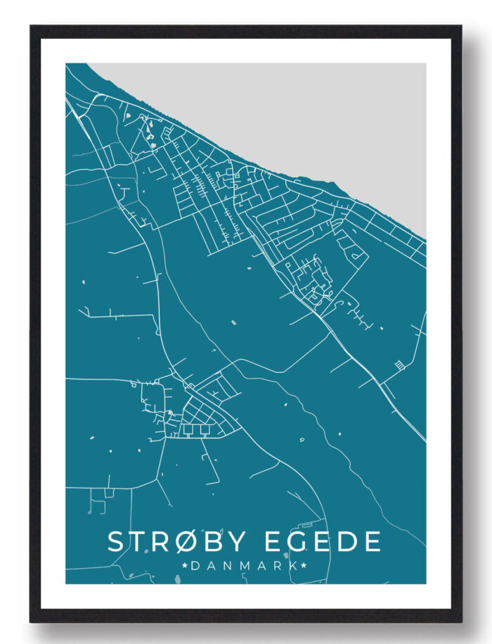 Strøby Egede bykort i stilrent plakat design. Denne Strøby Egede byplakat er med blå baggrund og viser Strøby Egede kortet fra sin smukkeste side
