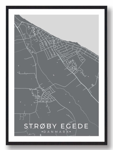 Strøby Egede bykort i stilrent plakat design. Denne Strøby Egede byplakat er med grå baggrund og viser Strøby Egede kortet fra sin smukkeste side