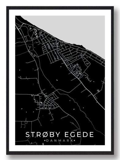 Strøby Egede bykort i stilrent plakat design. Denne Strøby Egede byplakat er med sort baggrund og viser Strøby Egede kortet fra sin smukkeste side