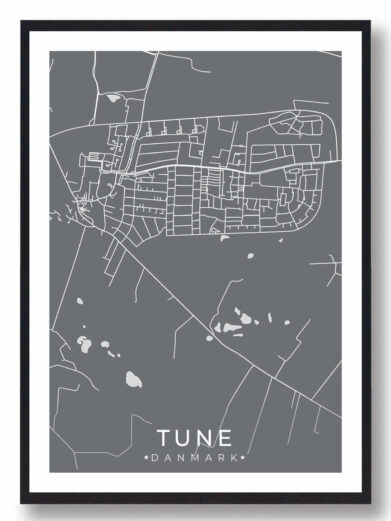 Tune bykort i stilrent plakat design. Denne Tune byplakat er med grå baggrund og viser Tune kortet fra sin smukkeste side