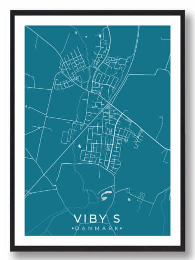 Viby bykort i stilrent plakat design. Denne Viby byplakat er med blå baggrund og viser Viby kortet fra sin smukkeste side