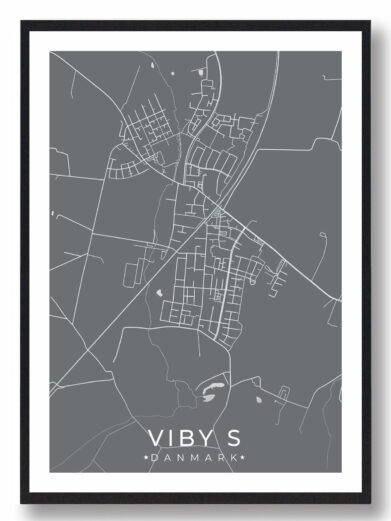 Viby bykort i stilrent plakat design. Denne Viby byplakat er med grå baggrund og viser Viby kortet fra sin smukkeste side