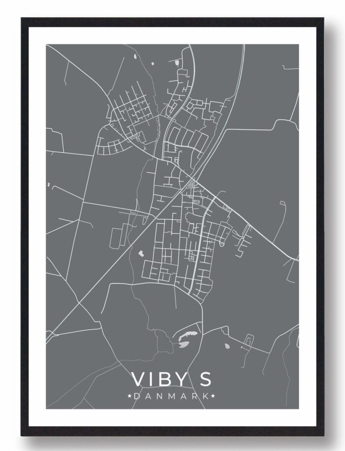 Viby bykort i stilrent plakat design. Denne Viby byplakat er med grå baggrund og viser Viby kortet fra sin smukkeste side