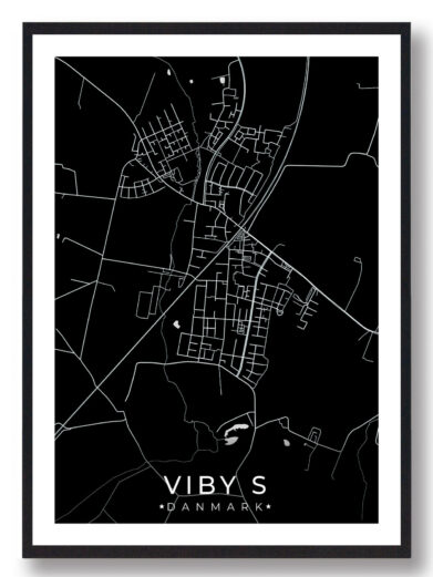 Viby bykort i stilrent plakat design. Denne Viby byplakat er med sort baggrund og viser Viby kortet fra sin smukkeste side