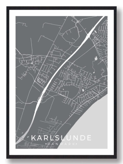 Karlslunde bykort i stilrent plakat design. Denne Karlslunde byplakat er med grå baggrund og viser Karlslunde kortet fra sin smukkeste side
