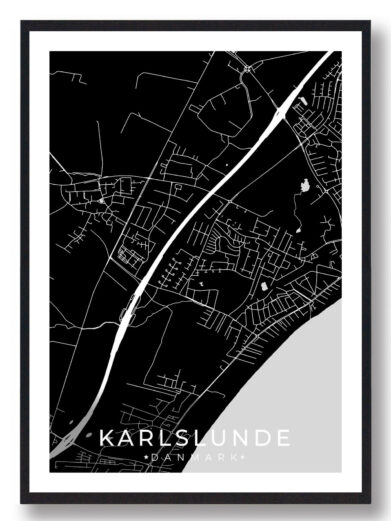 Karlslunde bykort i stilrent plakat design. Denne Karlslunde byplakat er med sort baggrund og viser Karlslunde kortet fra sin smukkeste side