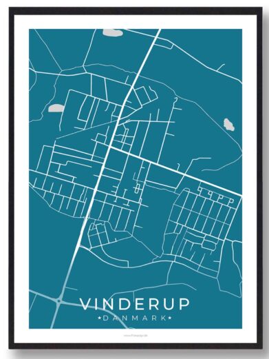 Vinderup bykort i stilrent plakat design. Denne Vinderup byplakat er med blå baggrund og viser Vinderup kortet fra sin smukkeste side