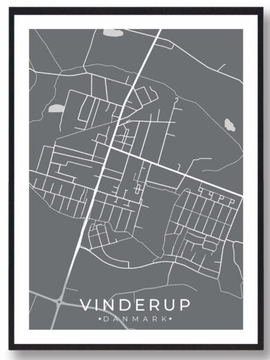 Vinderup bykort i stilrent plakat design. Denne Vinderup byplakat er med grå baggrund og viser Vinderup kortet fra sin smukkeste side