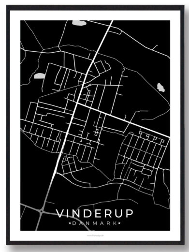 Vinderup bykort i stilrent plakat design. Denne Vinderup byplakat er med sort baggrund og viser Vinderup kortet fra sin smukkeste side