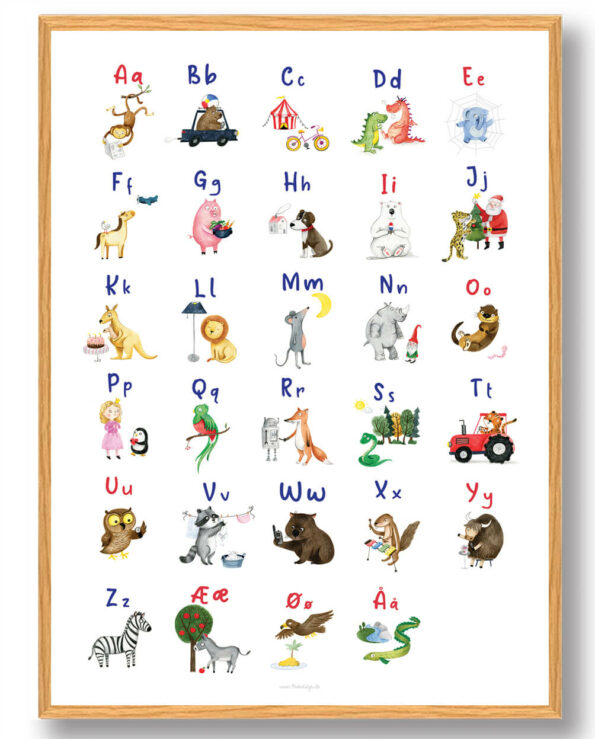 Håndtegnet ABC plakat med søde motiver til børn