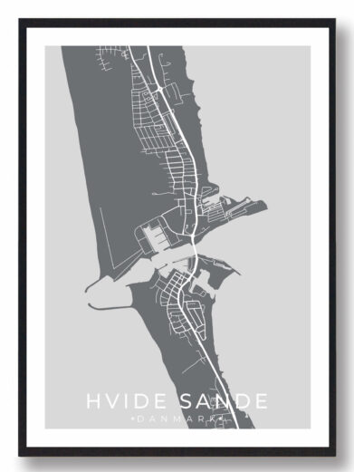 Hvide Sande byplakat i stilrent design. Denne Hvide Sande byplakat er med grå baggrund og viser Hvide Sande fra sin smukkeste side