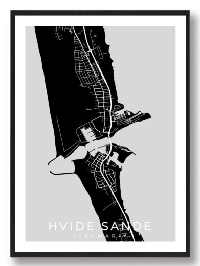 Hvide Sande byplakat i stilrent design. Denne Hvide Sande byplakat er med sort baggrund og viser Hvide Sande fra sin smukkeste side