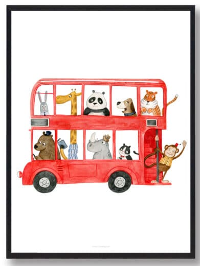 Hand-drawn 'Rød bus med dyr' poster. Playful red double-decker bus filled with cute animals. Perfect for a children's room.