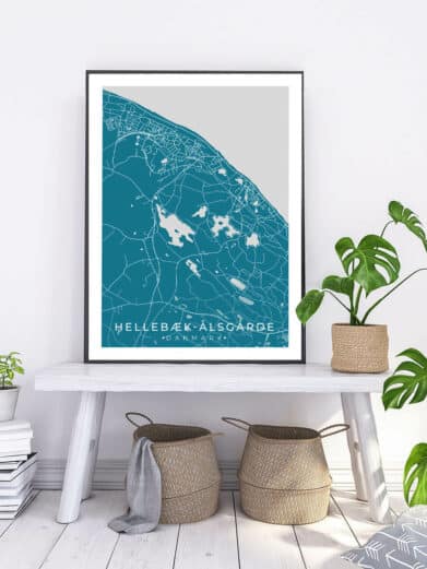 Hellebæk-Ålsgårde map poster in a black frame. This stylish map art features a teal and gray color scheme.