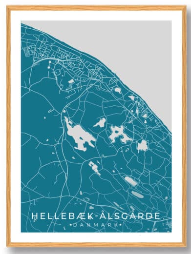 Hellebæk-Ålsgårde map poster. Stylish, modern design in blue and white tones, framed in natural wood. A unique wall art piece from Sjælland.