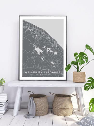 Hellebæk-Ålsgårde poster in gray tones. Framed map of Sjælland, Denmark. Minimalist city print.