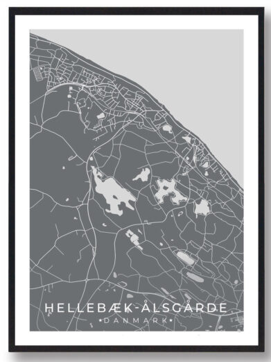 Hellebæk-Ålsgårde kortplakat i sort ramme. Detaljeret kort over Sjælland, Danmark, med veje og søer i grå og hvide nuancer.