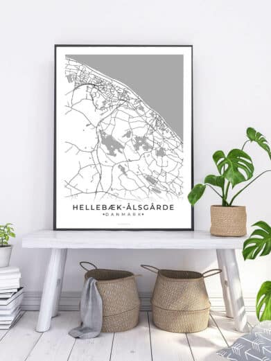 Hellebæk-Ålsgårde map poster. Black frame, minimalist style. Shows street layout, gray fill. Modern home decor, Danmark.