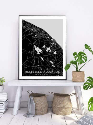Black framed Hellebæk-Ålsgårde map poster. Features detailed street layout of the area in Denmark on a light gray background.