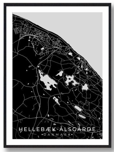 Hellebæk-Ålsgårde black map poster. Modern, minimalist design. Shows street layout and water features in black and white. Location: Sjælland, Danmark.
