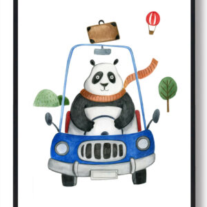Panda i bil - håndtegnet plakat