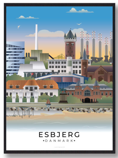 Esbjerg bybillede plakat med bygninger fra byen. Populære og billig bybillede plakat fra Esbjerg