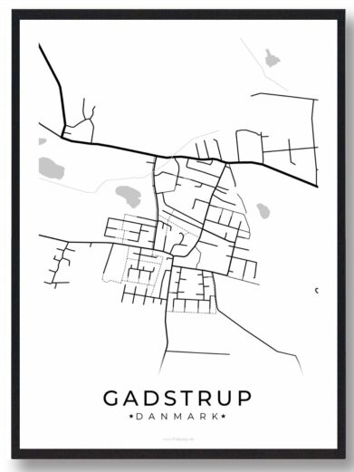 Gadstrup by plakat - sort. Black and white map print of Gadstrup, Denmark, showing street layout. Modern, minimalist design.