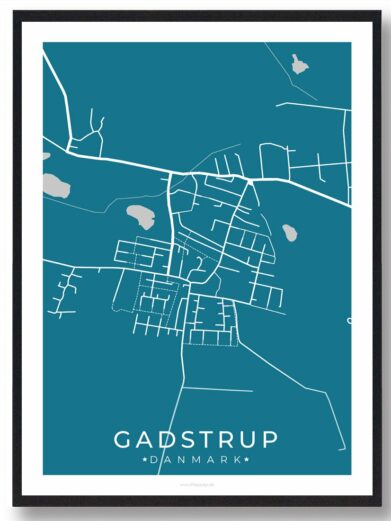 Stylish Gadstrup by plakat - sort poster print featuring a blue minimalist map of Gadstrup, Sjælland, Denmark with white roads.