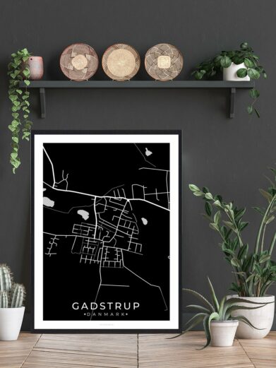 Framed Gadstrup Denmark black and white map art print. Modern Scandinavian design. Wall decor poster.