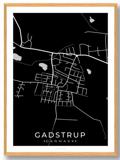 Black Gadstrup poster. Minimalist map of Gadstrup, Denmark, with white street lines and a natural wood frame. Modern Scandinavian design.