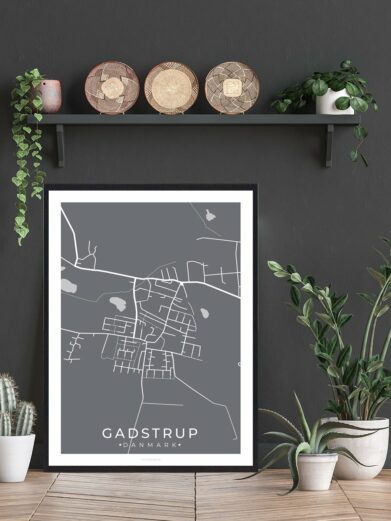 Gadstrup by plakat print. Gray-scale street map art of Gadstrup, Denmark in a black frame. Minimalist style. Modern wall decor.