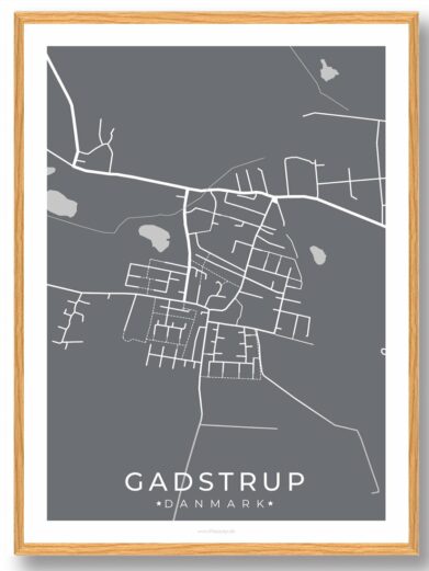 Gadstrup by plakat in a wood frame. Gray map of Gadstrup, Denmark with white streets and water features. Minimalist, modern style.
