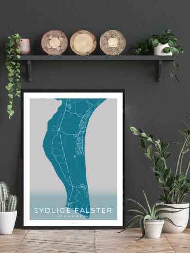 Sydlige Falster poster: A modern map art print featuring a blue Falster map on a gray background, framed in black. Stylish home decor.