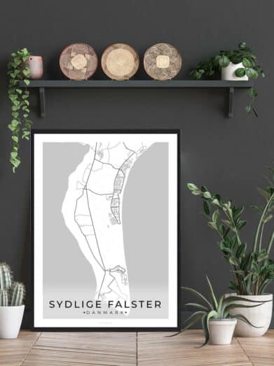 Sydlige Falster plakat i sort ramme. Minimalistisk kort over Sjælland, Danmark. Moderne vægkunst til hjemmet.