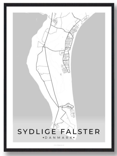 Sydlige Falster plakat, sort ramme. Minimalistisk kort over Sjælland, Danmark. Perfekt vægkunst til hjemmet.