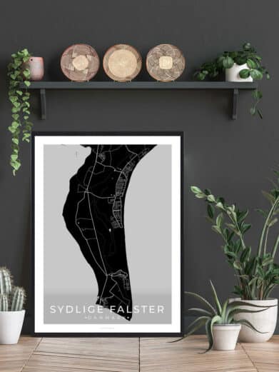 Sydlige Falster plakat, sort ramme. Viser detaljeret kort over Falster, Danmark. Minimalistisk design, perfekt til vægdekoration.