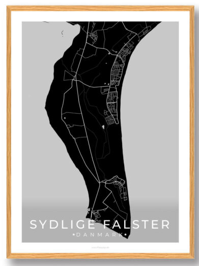 Sydlige Falster plakat - sort. Minimalist map art print of Sydlige Falster, Denmark in black and white. Framed.