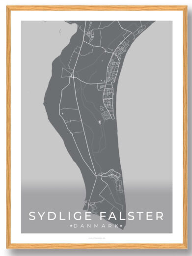 Sydlige Falster plakat, sort. Minimalistisk kort over Sydlige Falster, Danmark, i gråtoner med en lys træramme.