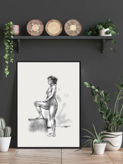 På udkig plakat: Black and white sketch of a nude woman in a black frame. Stylish croquis art print for modern home decor.