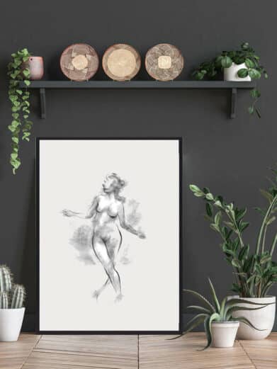 På et ben plakat: Croquis art print of a nude woman in charcoal style. Black frame, minimalist aesthetic.