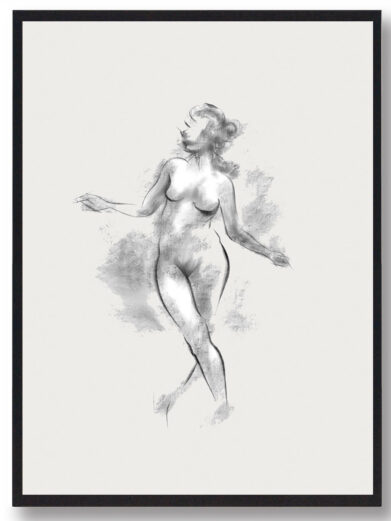 "På et ben" plakat: A charcoal-style art print featuring a nude female figure in a graceful pose, framed in black. Croquis wall art.