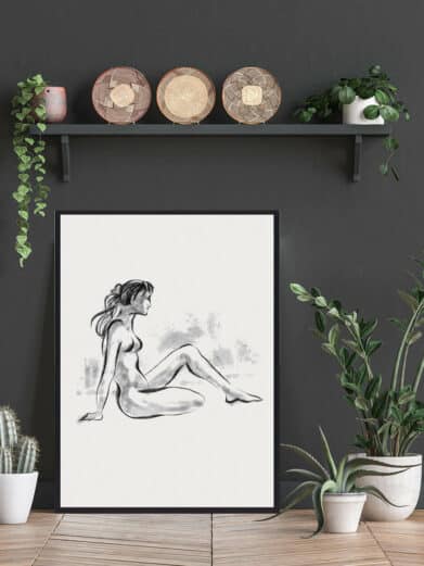 Kvinde på hug plakat: Charcoal sketch of a seated woman, framed. Minimalist art for home decor. Croquis drawing style.